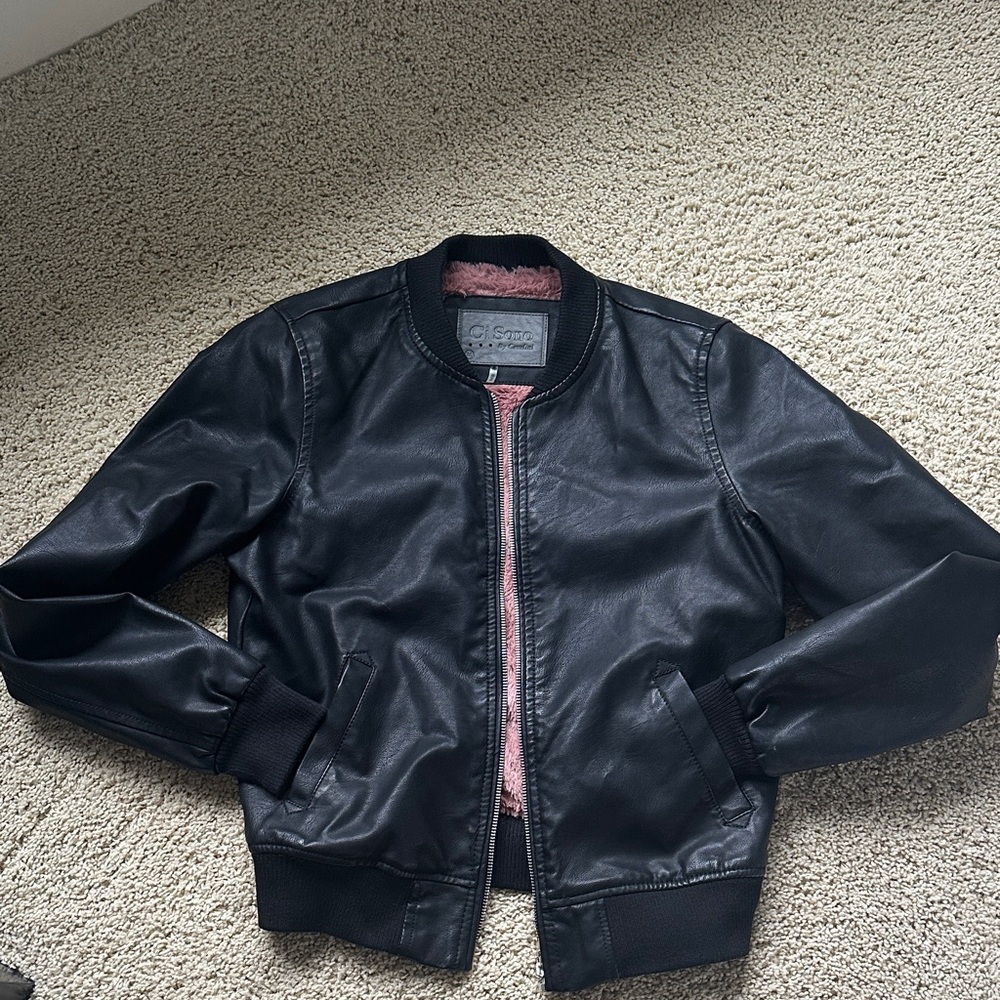 NWOT Ci Sono by Cavalini Black Leather Jacket with Pink Lining